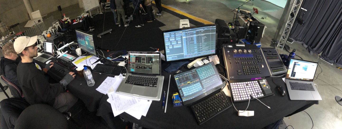 AV & Lighting production desk panorama, showing AV designers Samuel James and Jordan East